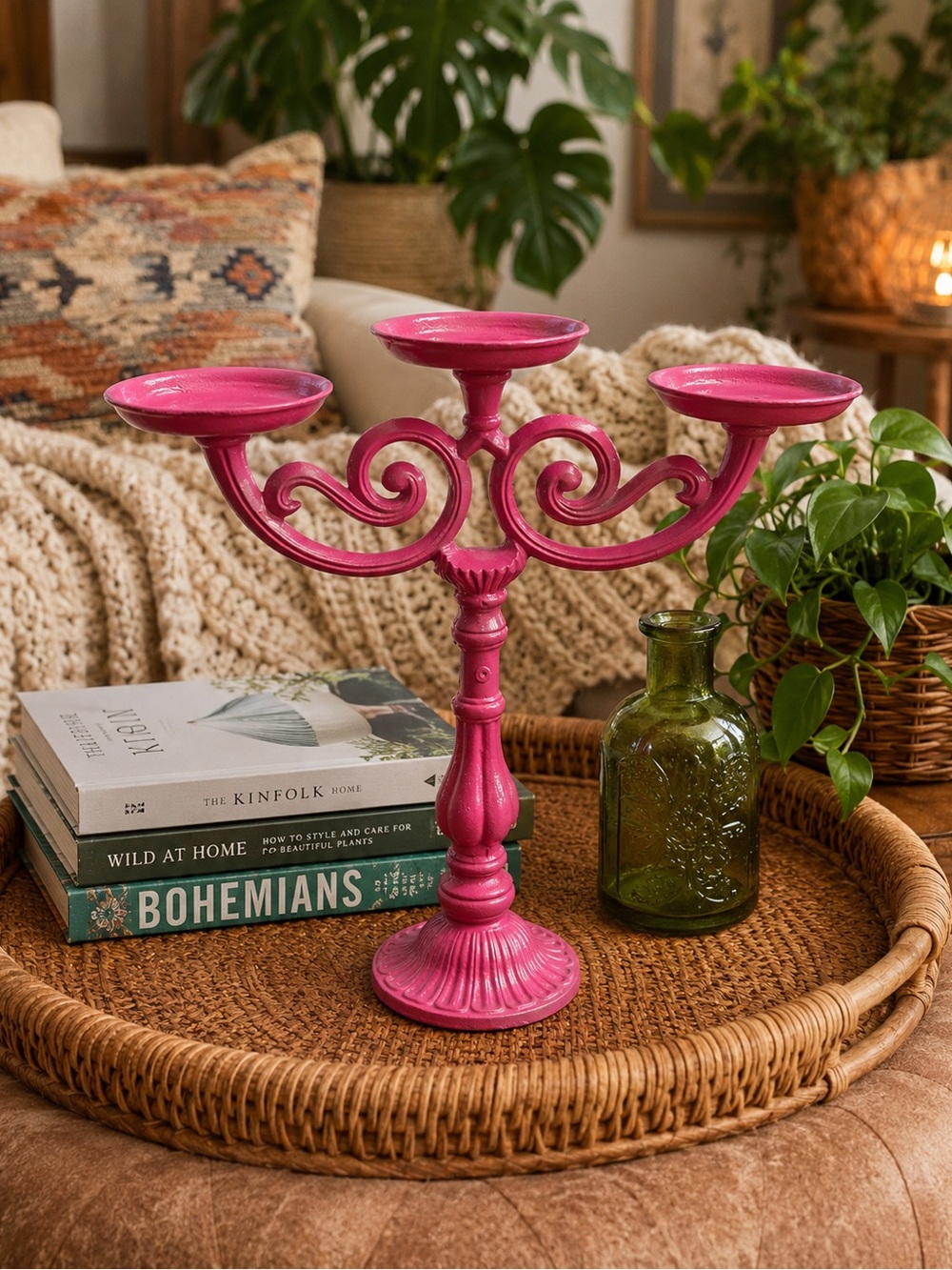Vintage-Style Cast Iron Candelabra – Hot Pink